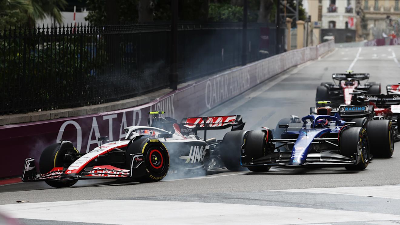 MONTE-CARLO, MONACO - MAY 28: Nico Hulkenberg of Germany driving the (27) Haas F1 VF-23 Ferrari collides with Logan Sargeant of United States driving the (2) Williams FW45 Mercedes during the F1 Grand Prix of Monaco at Circuit de Monaco on May 28, 2023 in Monte-Carlo, Monaco. (Photo by Ryan Pierse/Getty Images)
