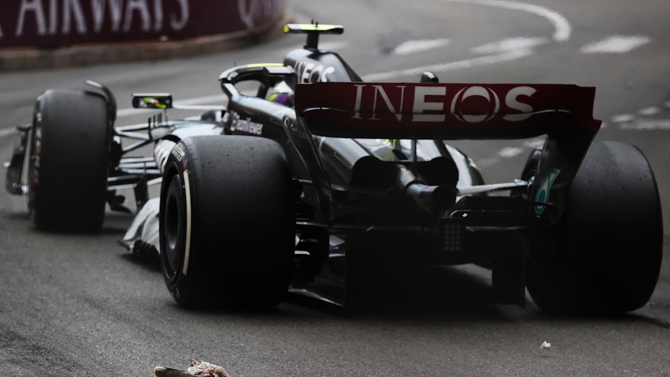 MONTE-CARLO, MONACO - MAY 28: Lewis Hamilton of Great Britain driving the (44) Mercedes AMG Petronas F1 Team W14 passes a dead bird on track during the F1 Grand Prix of Monaco at Circuit de Monaco on May 28, 2023 in Monte-Carlo, Monaco. (Photo by Ryan Pierse/Getty Images)