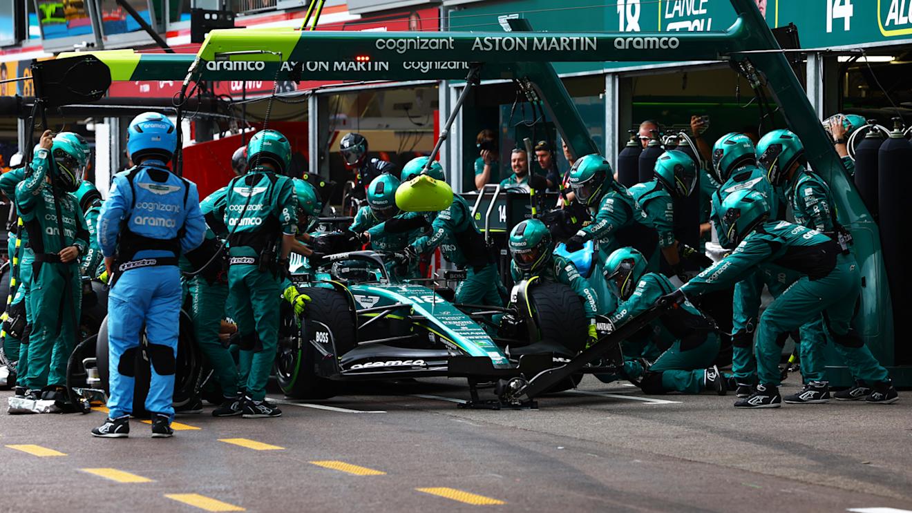 MONTE-CARLO, MONACO - MAY 28: Lance Stroll of Canada driving the (18) Aston Martin AMR23 Mercedes makes a pitstop during the F1 Grand Prix of Monaco at Circuit de Monaco on May 28, 2023 in Monte-Carlo, Monaco. (Photo by Mark Thompson/Getty Images)