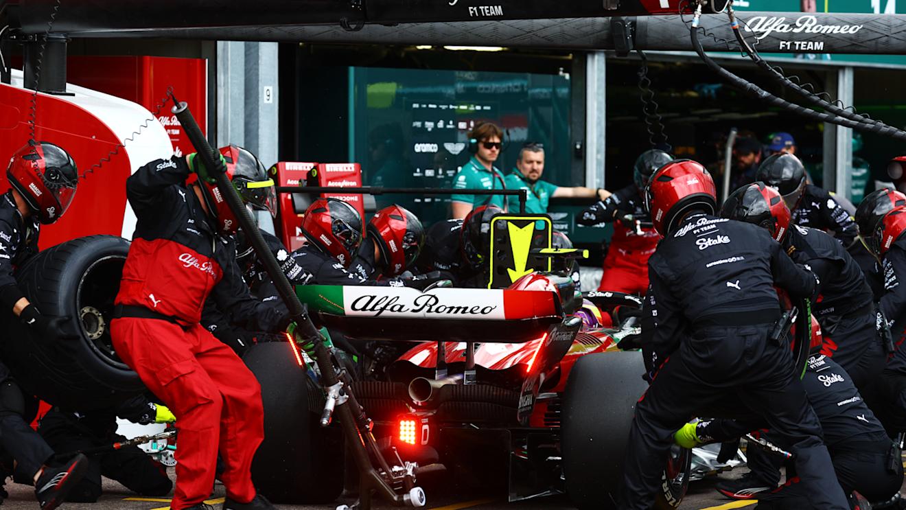 MONTE-CARLO, MONACO - MAY 28: Zhou Guanyu of China driving the (24) Alfa Romeo F1 C43 Ferrari makes a pitstop during the F1 Grand Prix of Monaco at Circuit de Monaco on May 28, 2023 in Monte-Carlo, Monaco. (Photo by Mark Thompson/Getty Images)