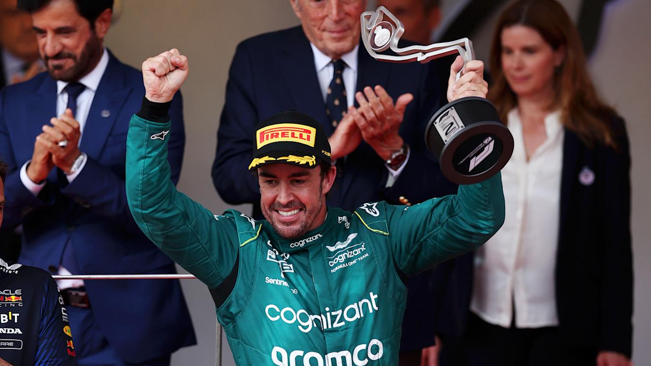 MONTE-CARLO, MONACO - MAY 28: Second placed Fernando Alonso of Spain and Aston Martin F1 Team celebrates on the podium during the F1 Grand Prix of Monaco at Circuit de Monaco on May 28, 2023 in Monte-Carlo, Monaco. (Photo by Ryan Pierse/Getty Images)