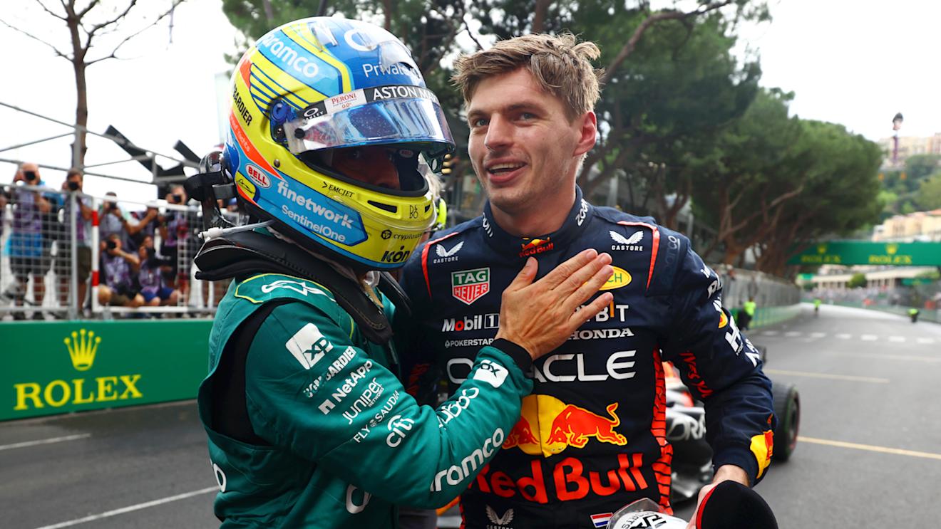 MONTE-CARLO, MONACO - MAY 28: Race winner Max Verstappen of the Netherlands and Oracle Red Bull Racing and Second placed Fernando Alonso of Spain and Aston Martin F1 Team celebrate in parc ferme during the F1 Grand Prix of Monaco at Circuit de Monaco on May 28, 2023 in Monte-Carlo, Monaco. (Photo by Mark Thompson/Getty Images)