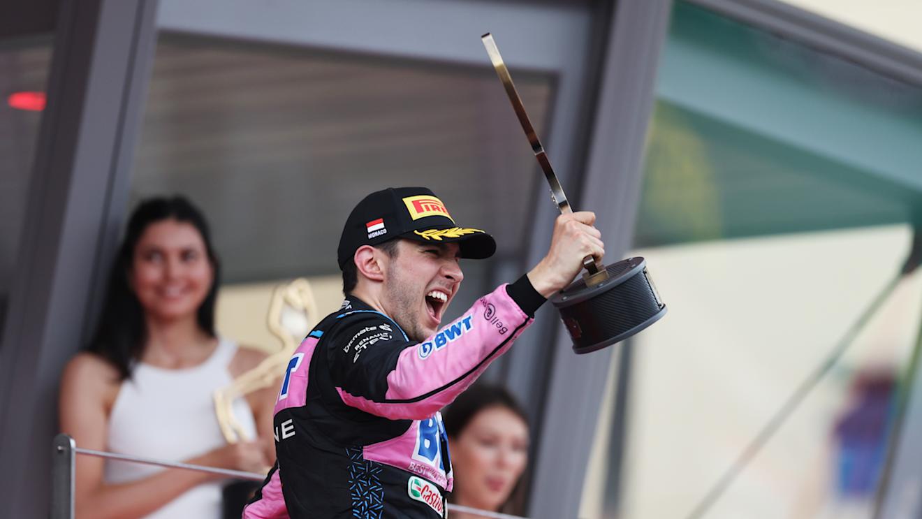 MONTE-CARLO, MONACO - MAY 28: Third placed Esteban Ocon of France and Alpine F1 celebrates on the podium during the F1 Grand Prix of Monaco at Circuit de Monaco on May 28, 2023 in Monte-Carlo, Monaco. (Photo by Bryn Lennon - Formula 1/Formula 1 via Getty Images)