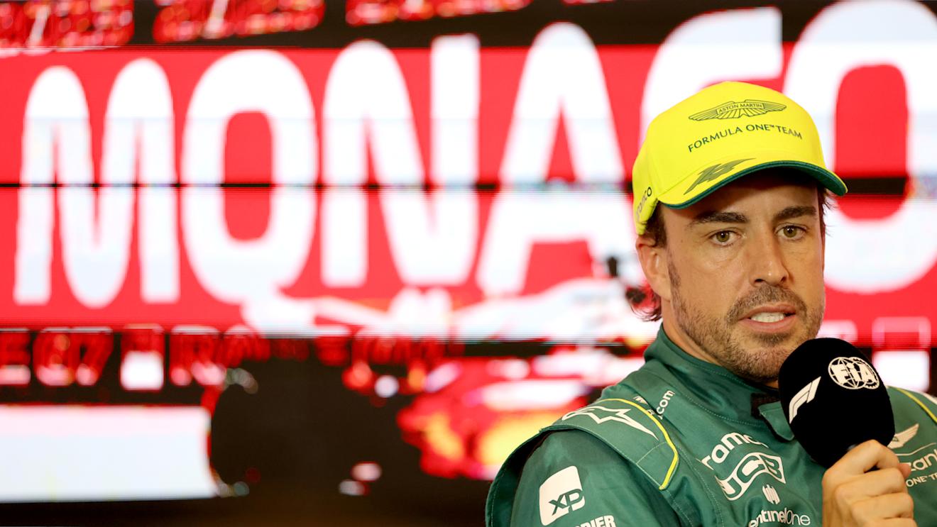 MONTE-CARLO, MONACO - MAY 27: Second placed qualifier Fernando Alonso of Spain and Aston Martin F1 Team attends the press conference after qualifying ahead of the F1 Grand Prix of Monaco at Circuit de Monaco on May 27, 2023 in Monte-Carlo, Monaco. (Photo by Bryn Lennon/Getty Images)