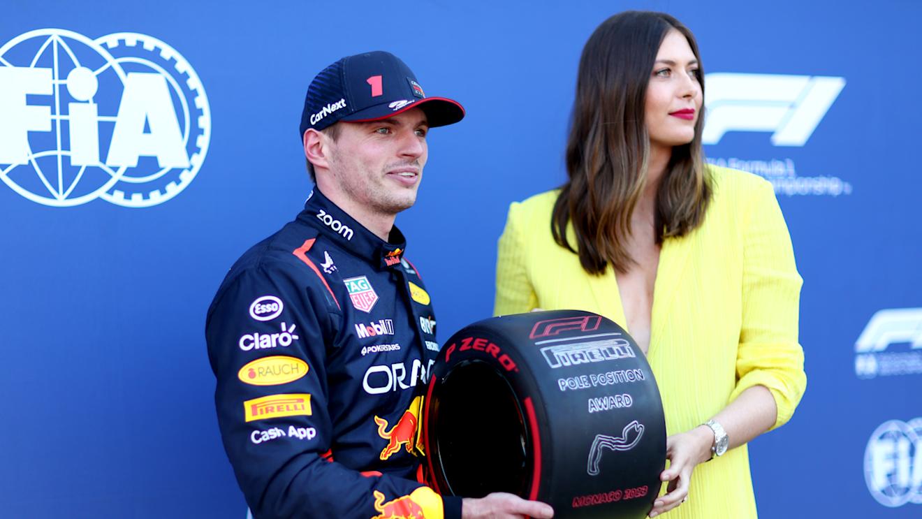 MONTE-CARLO, MONACO - MAY 27: Pole position qualifier Max Verstappen of the Netherlands and Oracle Red Bull Racing is presented with the Pirelli Pole Position Award by Maria Sharapova during qualifying ahead of the F1 Grand Prix of Monaco at Circuit de Monaco on May 27, 2023 in Monte-Carlo, Monaco. (Photo by Dan Istitene - Formula 1/Formula 1 via Getty Images)