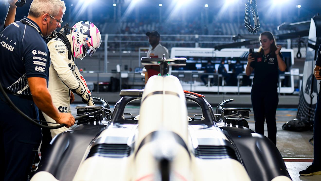 LUSAIL CITY, QATAR - OCTOBER 08: Liam Lawson of New Zealand and Scuderia AlphaTauri prepares to drive in the garage prior to the F1 Grand Prix of Qatar at Lusail International Circuit on October 08, 2023 in Lusail City, Qatar. (Photo by Rudy Carezzevoli/Getty Images)