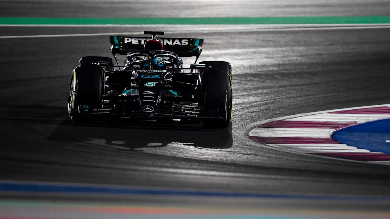 LUSAIL CITY, QATAR - OCTOBER 08: George Russell of Great Britain driving the (63) Mercedes AMG Petronas F1 Team W14 on track during the F1 Grand Prix of Qatar at Lusail International Circuit on October 08, 2023 in Lusail City, Qatar. (Photo by Rudy Carezzevoli/Getty Images)