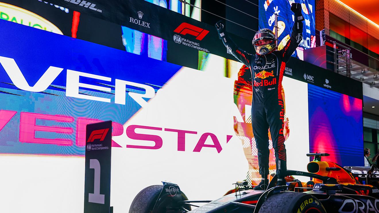 LUSAIL CITY, QATAR - OCTOBER 08: Race winner Max Verstappen of the Netherlands and Oracle Red Bull Racing celebrates in parc ferme during the F1 Grand Prix of Qatar at Lusail International Circuit on October 08, 2023 in Lusail City, Qatar. (Photo by Mark Thompson/Getty Images)