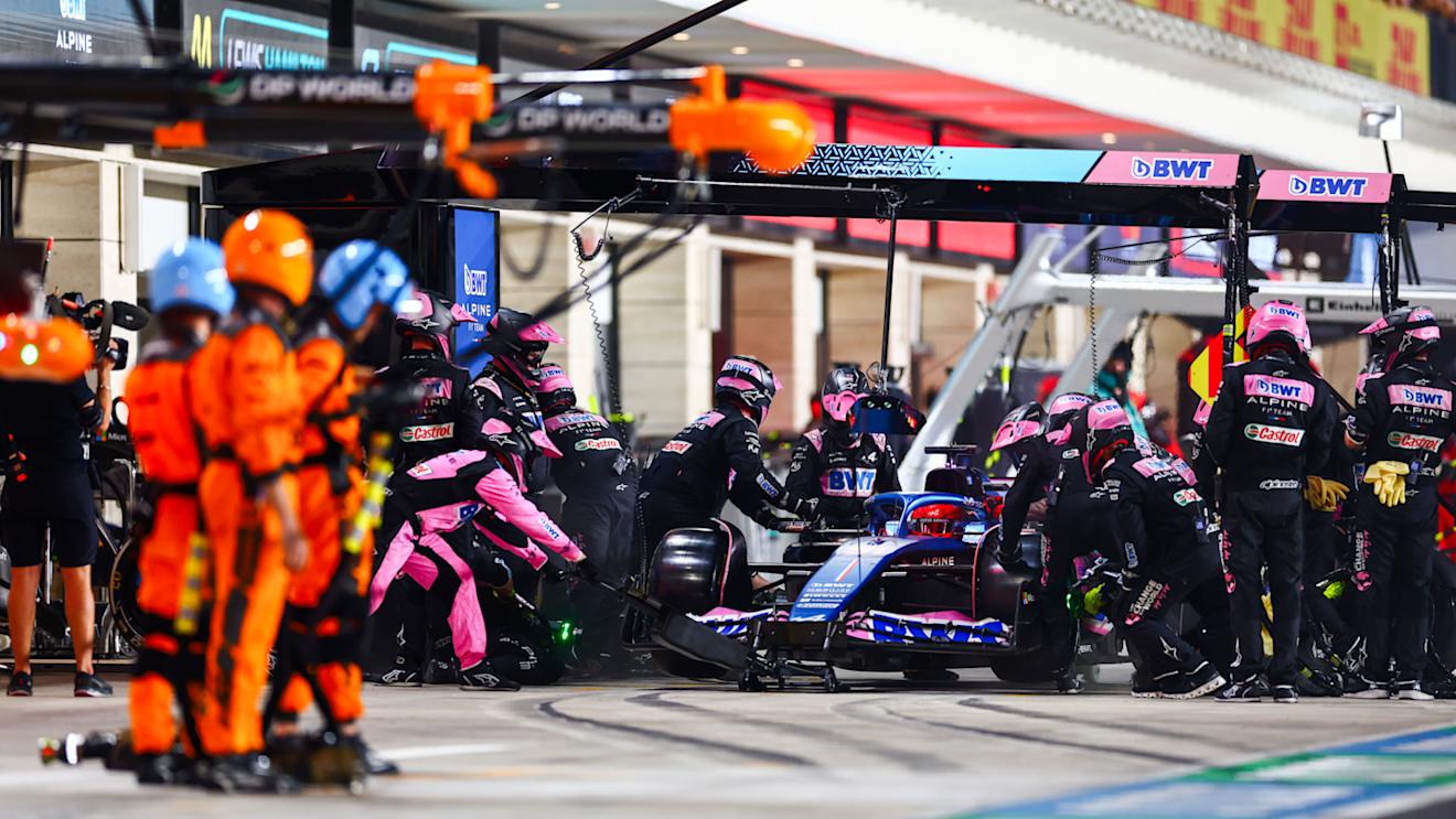 LUSAIL CITY, QATAR - OCTOBER 08: Esteban Ocon of France driving the (31) Alpine F1 A523 Renault makes a pitstop during the F1 Grand Prix of Qatar at Lusail International Circuit on October 08, 2023 in Lusail City, Qatar. (Photo by Dan Istitene - Formula 1/Formula 1 via Getty Images)