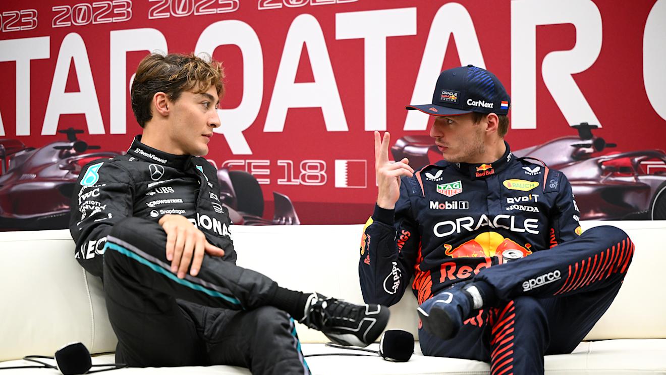 LUSAIL CITY, QATAR - OCTOBER 06: Pole position qualifier Max Verstappen of the Netherlands and Oracle Red Bull Racing and Second placed qualifier George Russell of Great Britain and Mercedes attend the press conference after qualifying ahead of the F1 Grand Prix of Qatar at Lusail International Circuit on October 06, 2023 in Lusail City, Qatar. (Photo by Clive Mason/Getty Images)