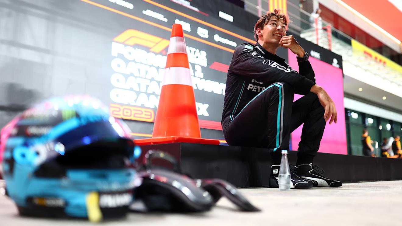 LUSAIL CITY, QATAR - OCTOBER 06: Second placed qualifier George Russell of Great Britain and Mercedes looks on in parc ferme during qualifying ahead of the F1 Grand Prix of Qatar at Lusail International Circuit on October 06, 2023 in Lusail City, Qatar. (Photo by Dan Istitene - Formula 1/Formula 1 via Getty Images)