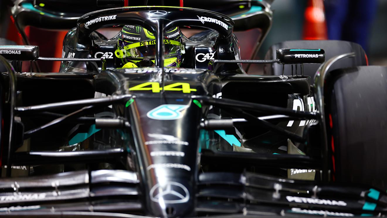 LUSAIL CITY, QATAR - OCTOBER 06: Lewis Hamilton of Great Britain driving the (44) Mercedes AMG Petronas F1 Team W14 drives in the Pitlane during qualifying ahead of the F1 Grand Prix of Qatar at Lusail International Circuit on October 06, 2023 in Lusail City, Qatar. (Photo by Mark Thompson/Getty Images)