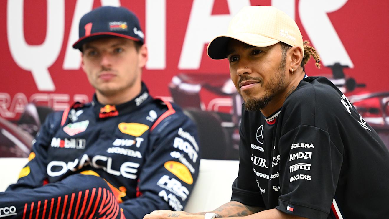 LUSAIL CITY, QATAR - OCTOBER 06: Third placed qualifier Lewis Hamilton of Great Britain and Mercedes and Pole position qualifier Max Verstappen of the Netherlands and Oracle Red Bull Racing attend the press conference after qualifying ahead of the F1 Grand Prix of Qatar at Lusail International Circuit on October 06, 2023 in Lusail City, Qatar. (Photo by Clive Mason/Getty Images)
