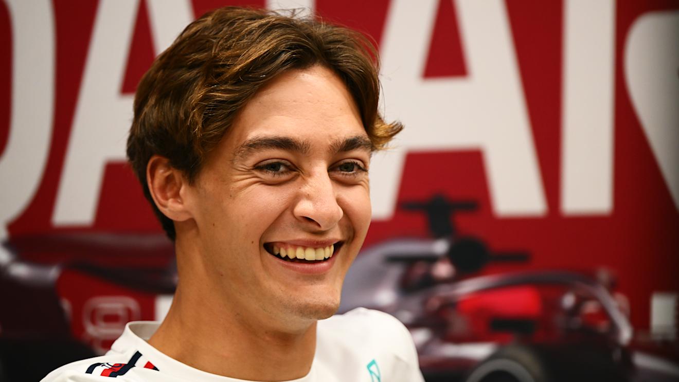 LUSAIL CITY, QATAR - OCTOBER 05: George Russell of Great Britain and Mercedes attends the Drivers Press Conference during previews ahead of the F1 Grand Prix of Qatar at Lusail International Circuit on October 05, 2023 in Lusail City, Qatar. (Photo by Clive Mason/Getty Images)