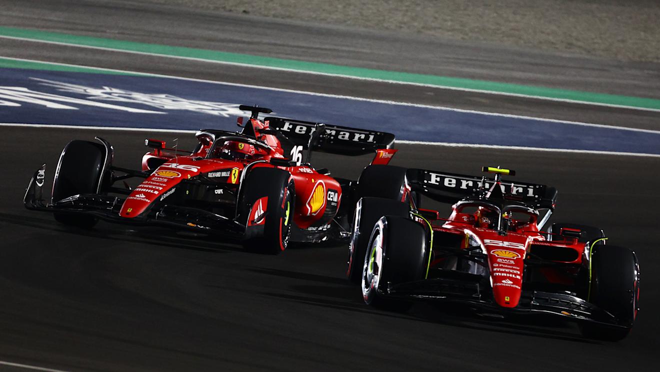 LUSAIL CITY, QATAR - OCTOBER 07: Carlos Sainz of Spain driving (55) the Ferrari SF-23 leads Charles Leclerc of Monaco driving the (16) Ferrari SF-23 during the Sprint ahead of the F1 Grand Prix of Qatar at Lusail International Circuit on October 07, 2023 in Lusail City, Qatar. (Photo by Clive Rose/Getty Images)