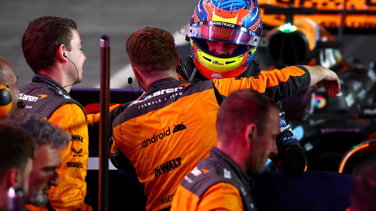 LUSAIL CITY, QATAR - OCTOBER 07: Sprint winner Oscar Piastri of Australia and McLaren celebrates with his team in parc ferme during the Sprint ahead of the F1 Grand Prix of Qatar at Lusail International Circuit on October 07, 2023 in Lusail City, Qatar. (Photo by Clive Rose/Getty Images)