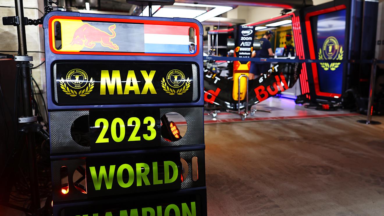 LUSAIL CITY, QATAR - OCTOBER 07: A pit board celebrating the 2023 F1 World Drivers Championship victory of Max Verstappen of the Netherlands and Oracle Red Bull Racing in the Pitlane after the Sprint ahead of the F1 Grand Prix of Qatar at Lusail International Circuit on October 07, 2023 in Lusail City, Qatar. (Photo by Mark Thompson/Getty Images)