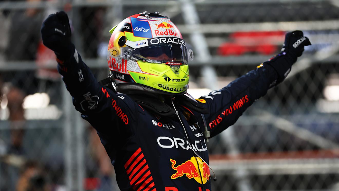 JEDDAH, SAUDI ARABIA - MARCH 19: Race winner Sergio Perez of Mexico and Oracle Red Bull Racing celebrates in parc ferme during the F1 Grand Prix of Saudi Arabia at Jeddah Corniche Circuit on March 19, 2023 in Jeddah, Saudi Arabia. (Photo by Lars Baron/Getty Images)