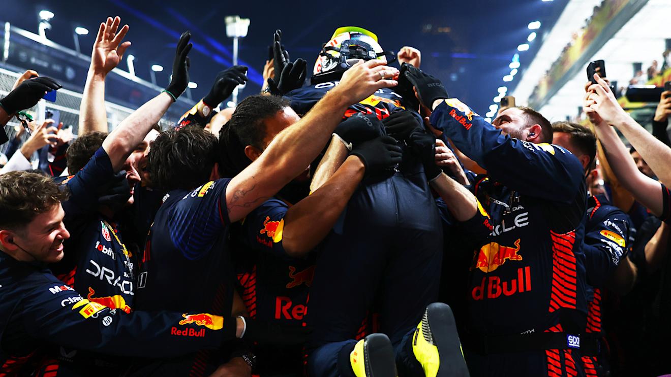 JEDDAH, SAUDI ARABIA - MARCH 19: Race winner Sergio Perez of Mexico and Oracle Red Bull Racing celebrates in parc ferme during the F1 Grand Prix of Saudi Arabia at Jeddah Corniche Circuit on March 19, 2023 in Jeddah, Saudi Arabia. (Photo by Mark Thompson/Getty Images)