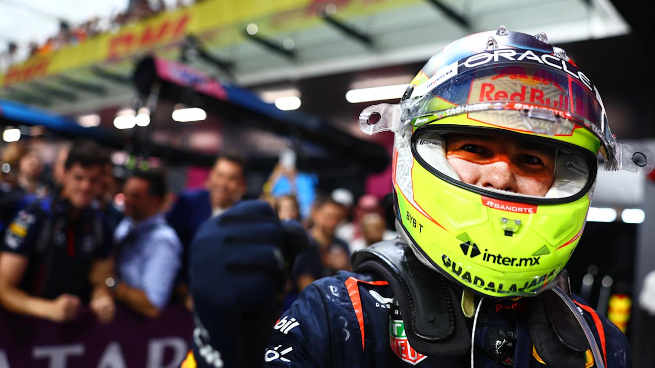 JEDDAH, SAUDI ARABIA - MARCH 19: Race winner Sergio Perez of Mexico and Oracle Red Bull Racing celebrates in parc ferme during the F1 Grand Prix of Saudi Arabia at Jeddah Corniche Circuit on March 19, 2023 in Jeddah, Saudi Arabia. (Photo by Mark Thompson/Getty Images)