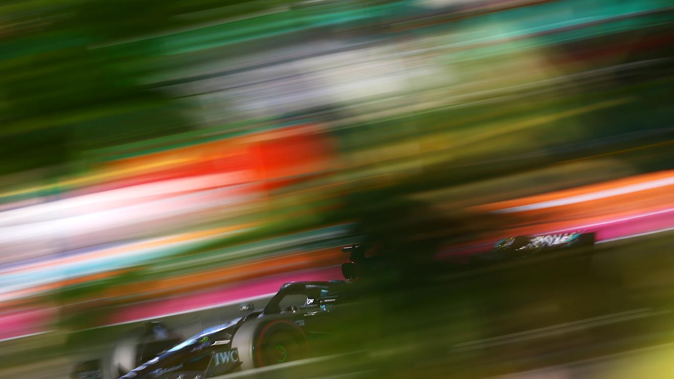 JEDDAH, SAUDI ARABIA - MARCH 17: George Russell of Great Britain driving the (63) Mercedes AMG Petronas F1 Team W14 on track during practice ahead of the F1 Grand Prix of Saudi Arabia at Jeddah Corniche Circuit on March 17, 2023 in Jeddah, Saudi Arabia. (Photo by Dan Istitene - Formula 1/Formula 1 via Getty Images)