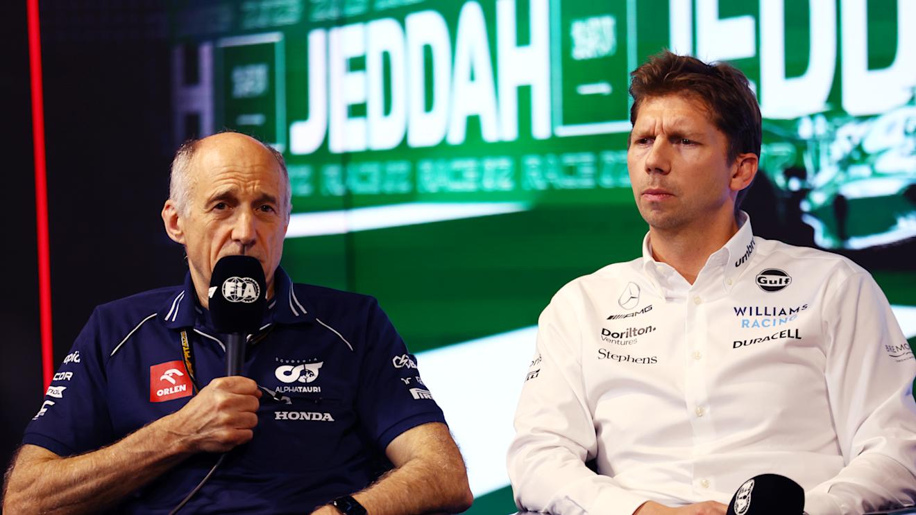JEDDAH, SAUDI ARABIA - MARCH 17: Scuderia AlphaTauri Team Principal Franz Tost and James Vowles, Team Principal of Williams attend the Team Principals Press Conference during practice ahead of the F1 Grand Prix of Saudi Arabia at Jeddah Corniche Circuit on March 17, 2023 in Jeddah, Saudi Arabia. (Photo by Bryn Lennon/Getty Images)