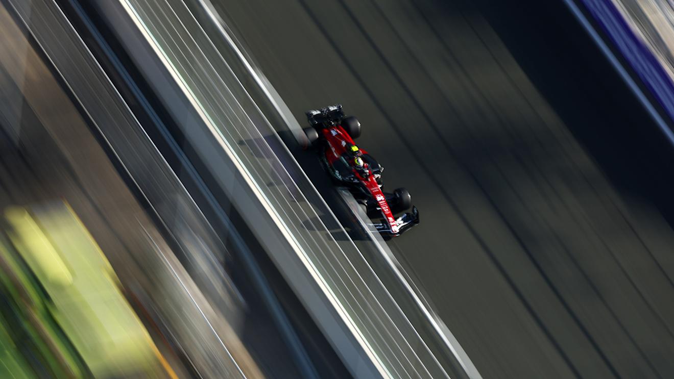 JEDDAH, SAUDI ARABIA - MARCH 17: Zhou Guanyu of China driving the (24) Alfa Romeo F1 C43 Ferrari on track during practice ahead of the F1 Grand Prix of Saudi Arabia at Jeddah Corniche Circuit on March 17, 2023 in Jeddah, Saudi Arabia. (Photo by Bryn Lennon - Formula 1/Formula 1 via Getty Images)