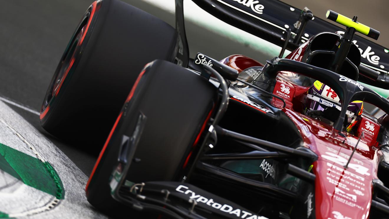 JEDDAH, SAUDI ARABIA - MARCH 18: Zhou Guanyu of China driving the (24) Alfa Romeo F1 C43 Ferrari on track during final practice ahead of the F1 Grand Prix of Saudi Arabia at Jeddah Corniche Circuit on March 18, 2023 in Jeddah, Saudi Arabia. (Photo by Mark Thompson/Getty Images)