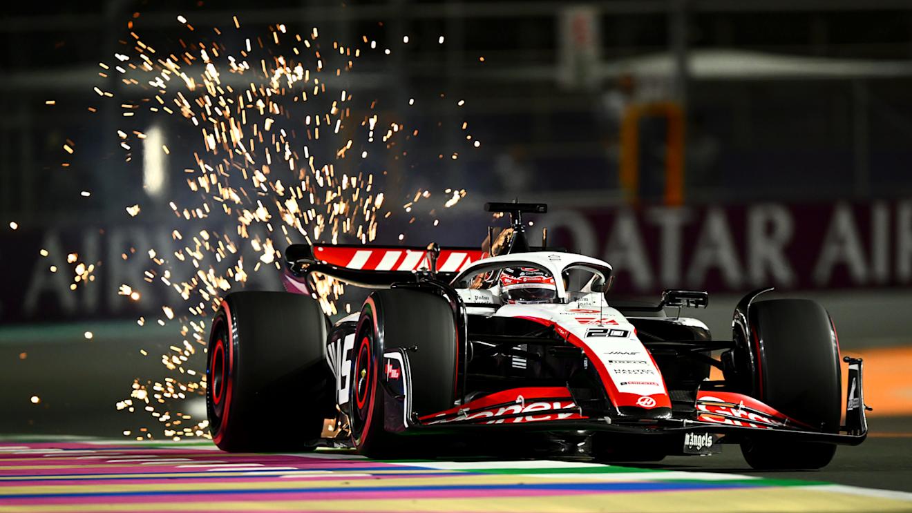 JEDDAH, SAUDI ARABIA - MARCH 18: Sparks fly behind Kevin Magnussen of Denmark driving the (20) Haas F1 VF-23 Ferrari during qualifying ahead of the F1 Grand Prix of Saudi Arabia at Jeddah Corniche Circuit on March 18, 2023 in Jeddah, Saudi Arabia. (Photo by Clive Mason/Getty Images)