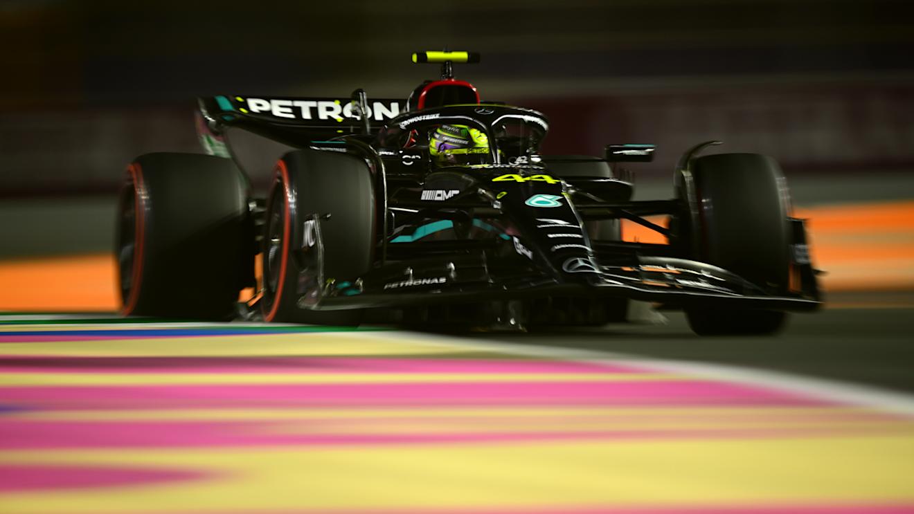JEDDAH, SAUDI ARABIA - MARCH 18: Lewis Hamilton of Great Britain driving the (44) Mercedes AMG Petronas F1 Team W14 on track during qualifying ahead of the F1 Grand Prix of Saudi Arabia at Jeddah Corniche Circuit on March 18, 2023 in Jeddah, Saudi Arabia. (Photo by Clive Mason/Getty Images)