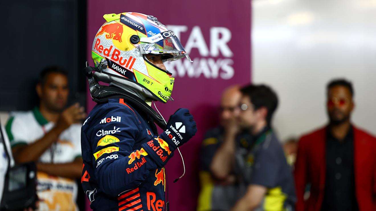 JEDDAH, SAUDI ARABIA - MARCH 18: Pole position qualifier Sergio Perez of Mexico and Oracle Red Bull Racing celebrates in parc ferme during qualifying ahead of the F1 Grand Prix of Saudi Arabia at Jeddah Corniche Circuit on March 18, 2023 in Jeddah, Saudi Arabia. (Photo by Mark Thompson/Getty Images)