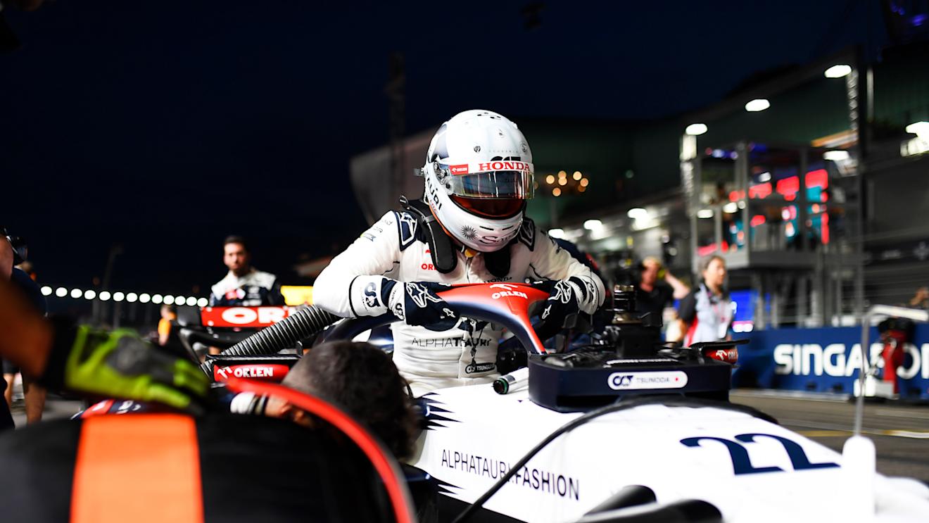 SINGAPORE, SINGAPORE - SEPTEMBER 17: Yuki Tsunoda of Japan and Scuderia AlphaTauri prepares to drive on the grid during the F1 Grand Prix of Singapore at Marina Bay Street Circuit on September 17, 2023 in Singapore, Singapore. (Photo by Rudy Carezzevoli/Getty Images)