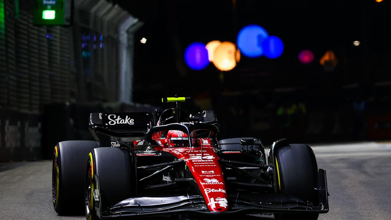 SINGAPORE, SINGAPORE - SEPTEMBER 17: Zhou Guanyu of China driving the (24) Alfa Romeo F1 C43 Ferrari on track during the F1 Grand Prix of Singapore at Marina Bay Street Circuit on September 17, 2023 in Singapore, Singapore. (Photo by Mark Thompson/Getty Images)