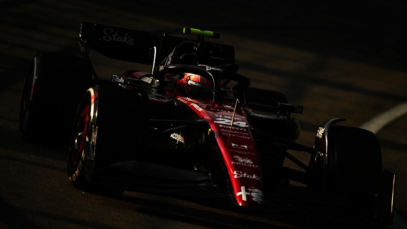 SINGAPORE, SINGAPORE - SEPTEMBER 15: Zhou Guanyu of China driving the (24) Alfa Romeo F1 C43 Ferrari on track during practice ahead of the F1 Grand Prix of Singapore at Marina Bay Street Circuit on September 15, 2023 in Singapore, Singapore. (Photo by Clive Mason/Getty Images)