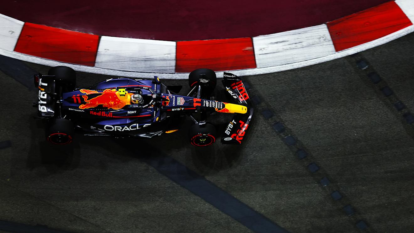 SINGAPORE, SINGAPORE - SEPTEMBER 15: Sergio Perez of Mexico driving the (11) Oracle Red Bull Racing RB19 on track during practice ahead of the F1 Grand Prix of Singapore at Marina Bay Street Circuit on September 15, 2023 in Singapore, Singapore. (Photo by Mark Thompson/Getty Images)
