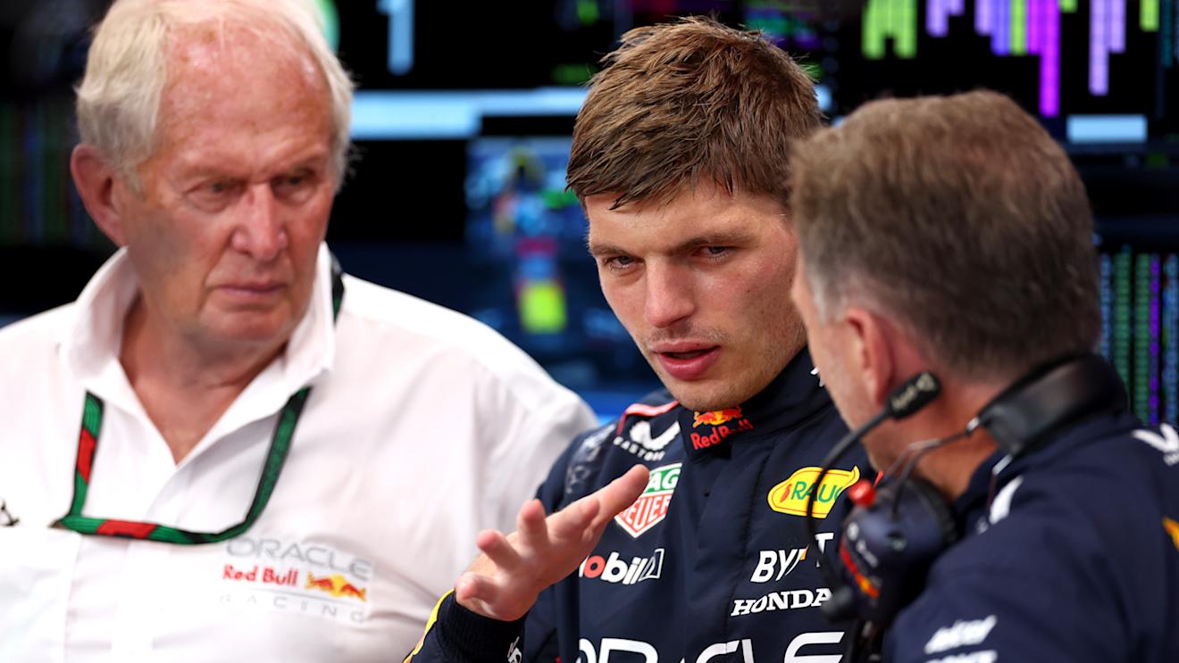 SINGAPORE, SINGAPORE - SEPTEMBER 15: Max Verstappen of the Netherlands and Oracle Red Bull Racing talks with Red Bull Racing Team Principal Christian Horner in the garage during practice ahead of the F1 Grand Prix of Singapore at Marina Bay Street Circuit on September 15, 2023 in Singapore, Singapore. (Photo by Dan Istitene - Formula 1/Formula 1 via Getty Images)