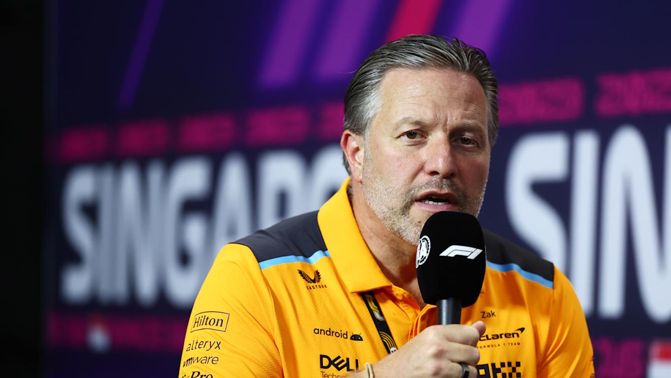 SINGAPORE, SINGAPORE - SEPTEMBER 15: McLaren Chief Executive Officer Zak Brown talks in the team principals press conference during practice ahead of the F1 Grand Prix of Singapore at Marina Bay Street Circuit on September 15, 2023 in Singapore, Singapore. (Photo by Bryn Lennon/Getty Images)