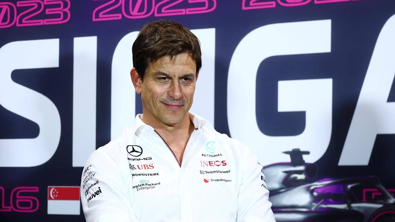 SINGAPORE, SINGAPORE - SEPTEMBER 15: Mercedes GP Executive Director Toto Wolff talks in a team principals press conference during practice ahead of the F1 Grand Prix of Singapore at Marina Bay Street Circuit on September 15, 2023 in Singapore, Singapore. (Photo by Bryn Lennon/Getty Images)