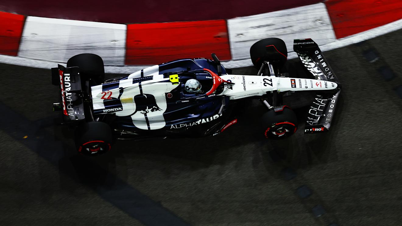 SINGAPORE, SINGAPORE - SEPTEMBER 15: Yuki Tsunoda of Japan driving the (22) Scuderia AlphaTauri AT04 on track during practice ahead of the F1 Grand Prix of Singapore at Marina Bay Street Circuit on September 15, 2023 in Singapore, Singapore. (Photo by Mark Thompson/Getty Images)