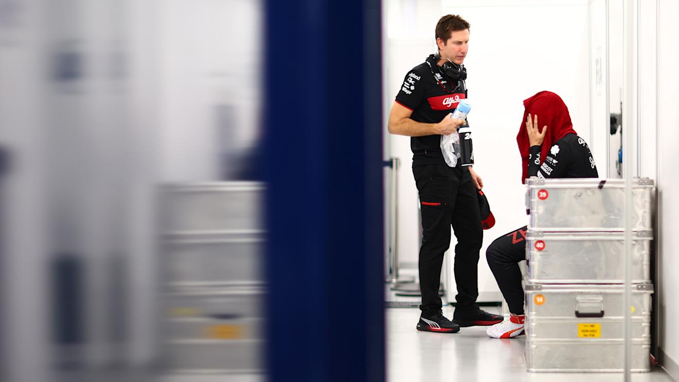 SINGAPORE, SINGAPORE - SEPTEMBER 16: Nineteenth placed qualifier Zhou Guanyu of China and Alfa Romeo F1 reacts in the garage during qualifying ahead of the F1 Grand Prix of Singapore at Marina Bay Street Circuit on September 16, 2023 in Singapore, Singapore. (Photo by Dan Istitene - Formula 1/Formula 1 via Getty Images)