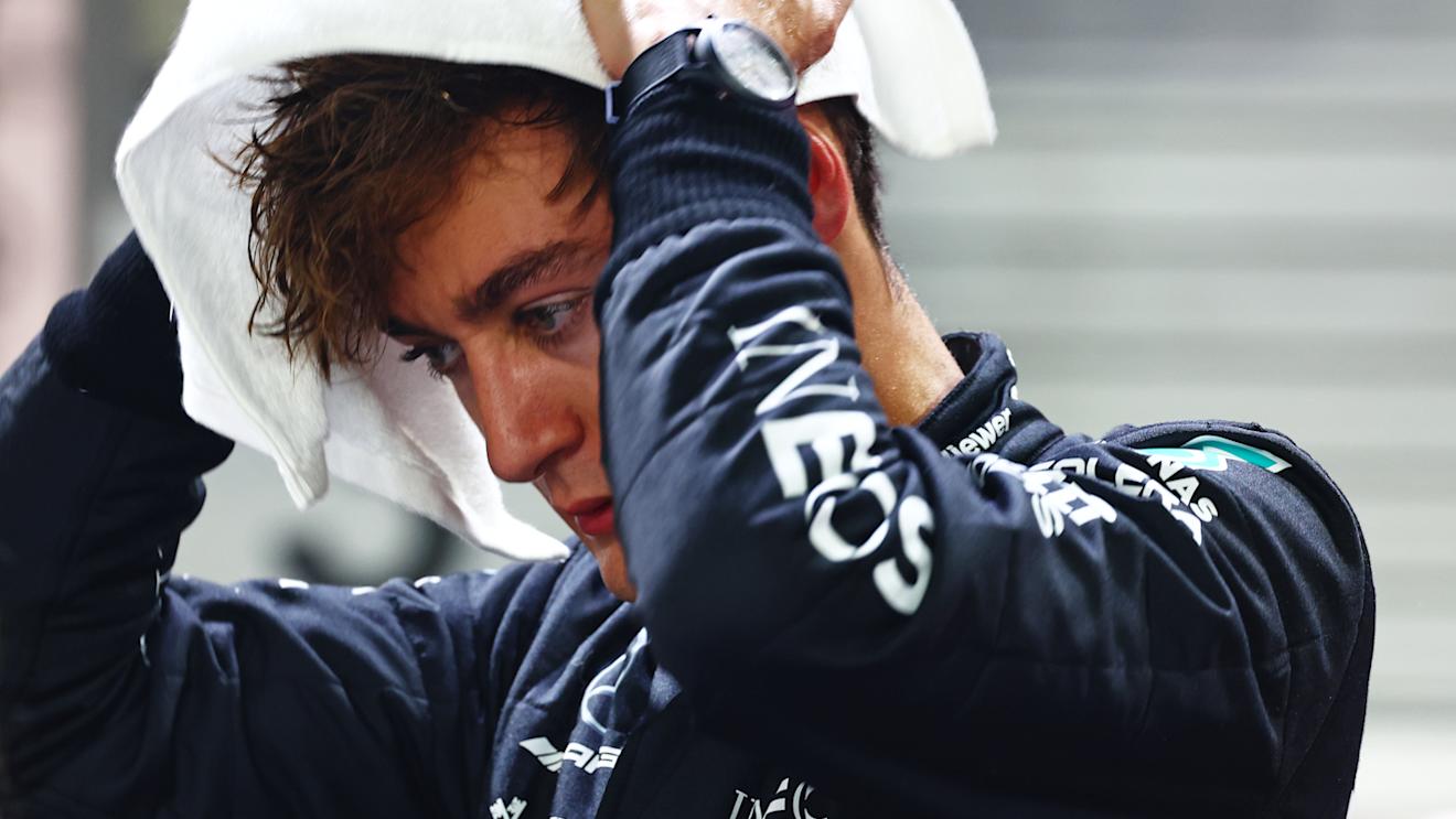 SINGAPORE, SINGAPORE - SEPTEMBER 16: Second placed qualifier George Russell of Great Britain and Mercedes looks on in parc ferme during qualifying ahead of the F1 Grand Prix of Singapore at Marina Bay Street Circuit on September 16, 2023 in Singapore, Singapore. (Photo by Mark Thompson/Getty Images)