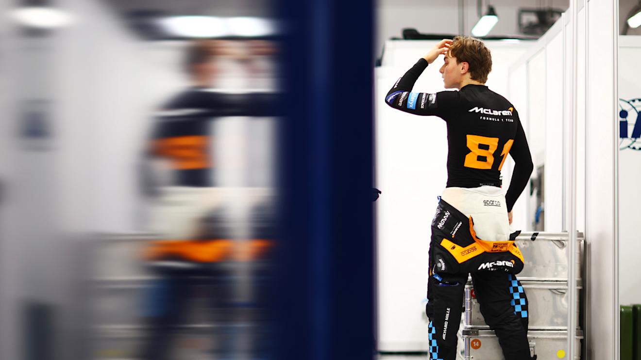 SINGAPORE, SINGAPORE - SEPTEMBER 16: Seventeenth placed qualifier Oscar Piastri of Australia and McLaren reacts in the garage during qualifying ahead of the F1 Grand Prix of Singapore at Marina Bay Street Circuit on September 16, 2023 in Singapore, Singapore. (Photo by Dan Istitene - Formula 1/Formula 1 via Getty Images)