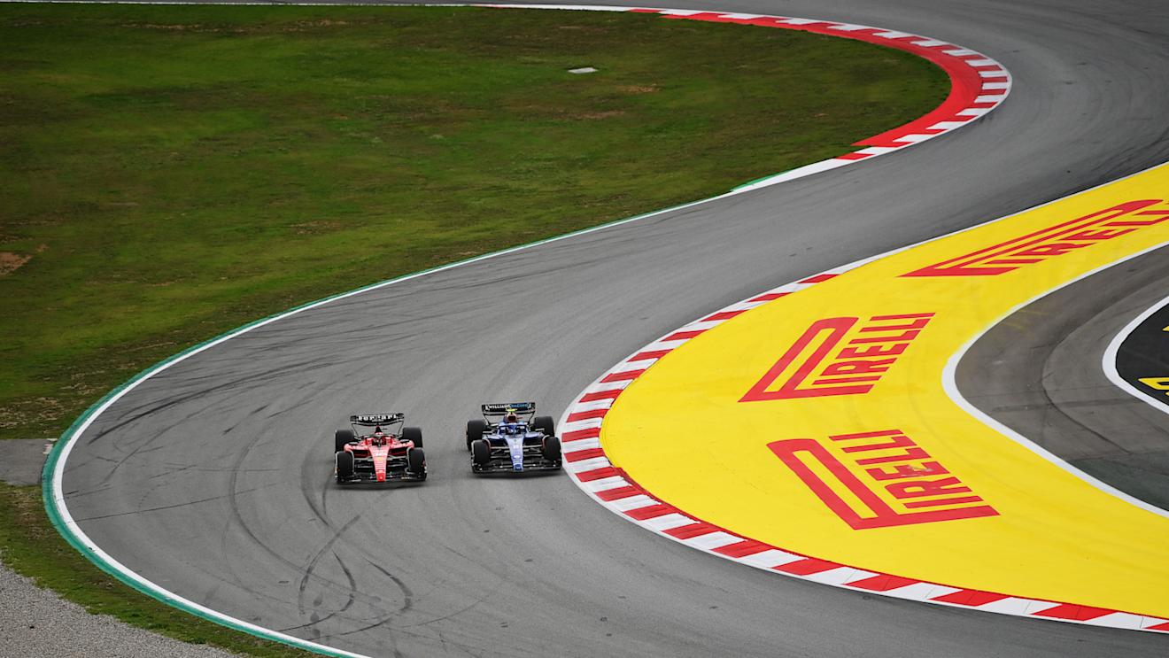 BARCELONA, SPAIN - JUNE 04: Charles Leclerc of Monaco driving the (16) Ferrari SF-23 leads Logan Sargeant of United States driving the (2) Williams FW45 Mercedes on track during the F1 Grand Prix of Spain at Circuit de Barcelona-Catalunya on June 04, 2023 in Barcelona, Spain. (Photo by Dan Mullan - Formula 1/Formula 1 via Getty Images)