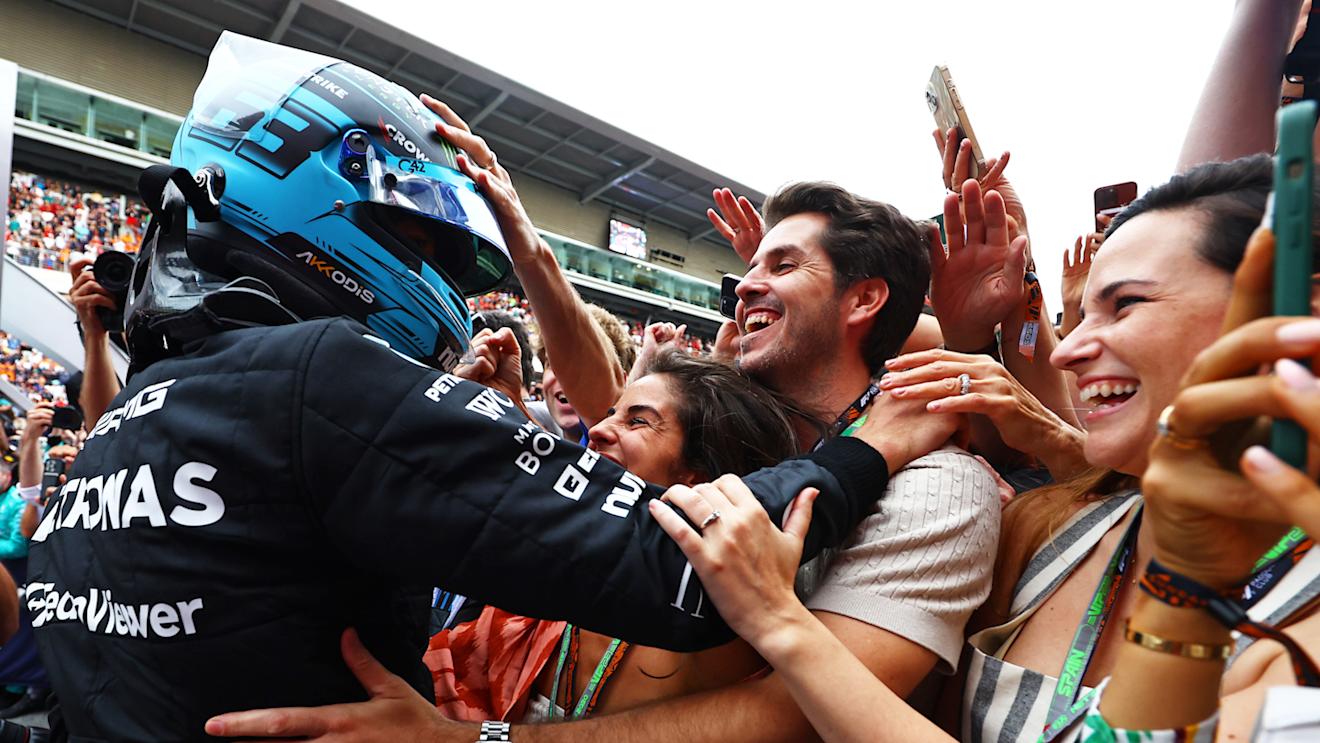 BARCELONA, SPAIN - JUNE 04: Third placed George Russell of Great Britain and Mercedes celebrates in parc ferme during the F1 Grand Prix of Spain at Circuit de Barcelona-Catalunya on June 04, 2023 in Barcelona, Spain. (Photo by Mark Thompson/Getty Images)