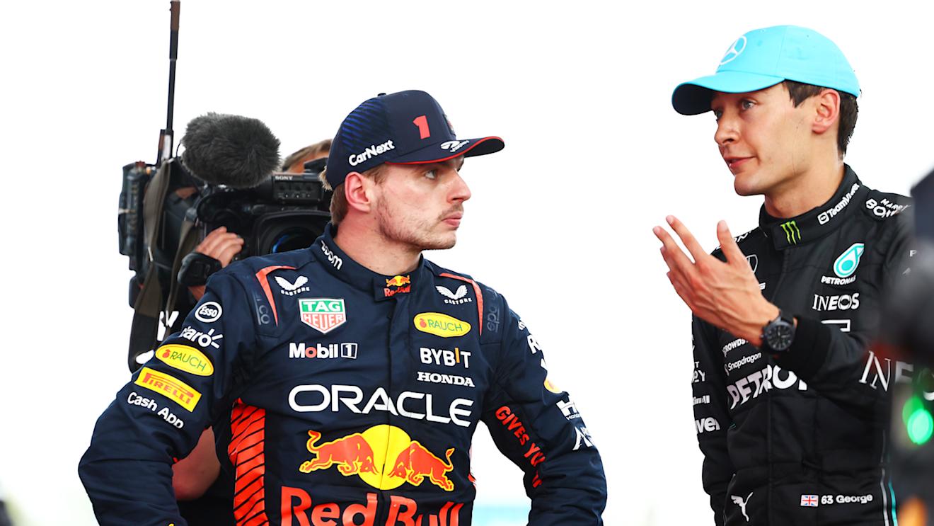 BARCELONA, SPAIN - JUNE 04: Race Winner Max Verstappen of the Netherlands and Oracle Red Bull Racing talks with Third placed George Russell of Great Britain driving the (63) Mercedes AMG Petronas F1 Team W14 in parc ferme during the F1 Grand Prix of Spain at Circuit de Barcelona-Catalunya on June 04, 2023 in Barcelona, Spain. (Photo by Mark Thompson/Getty Images)