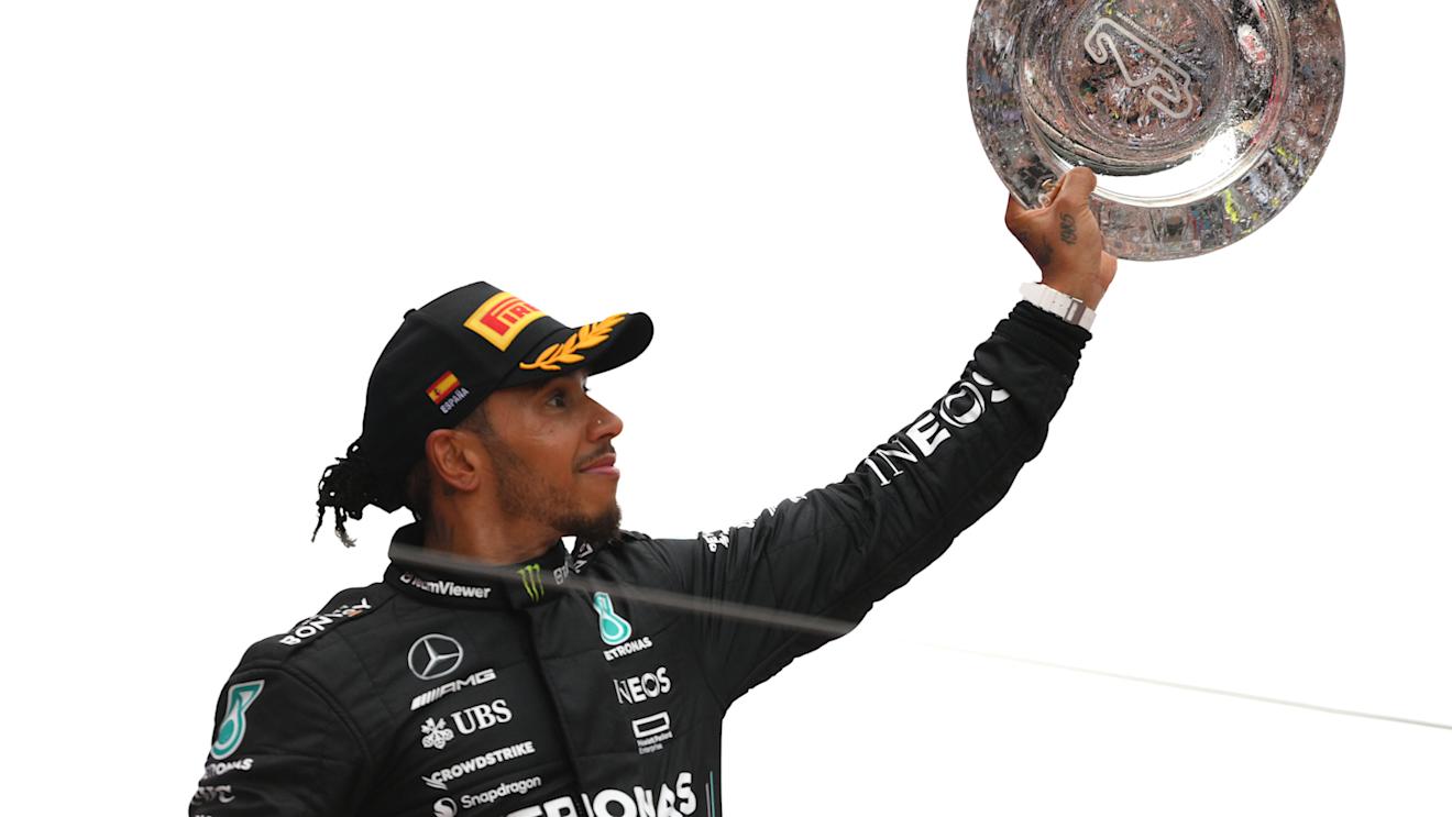 BARCELONA, SPAIN - JUNE 04: Second placed Lewis Hamilton of Great Britain and Mercedes celebrates on the podium during the F1 Grand Prix of Spain at Circuit de Barcelona-Catalunya on June 04, 2023 in Barcelona, Spain. (Photo by David Ramos/Getty Images)