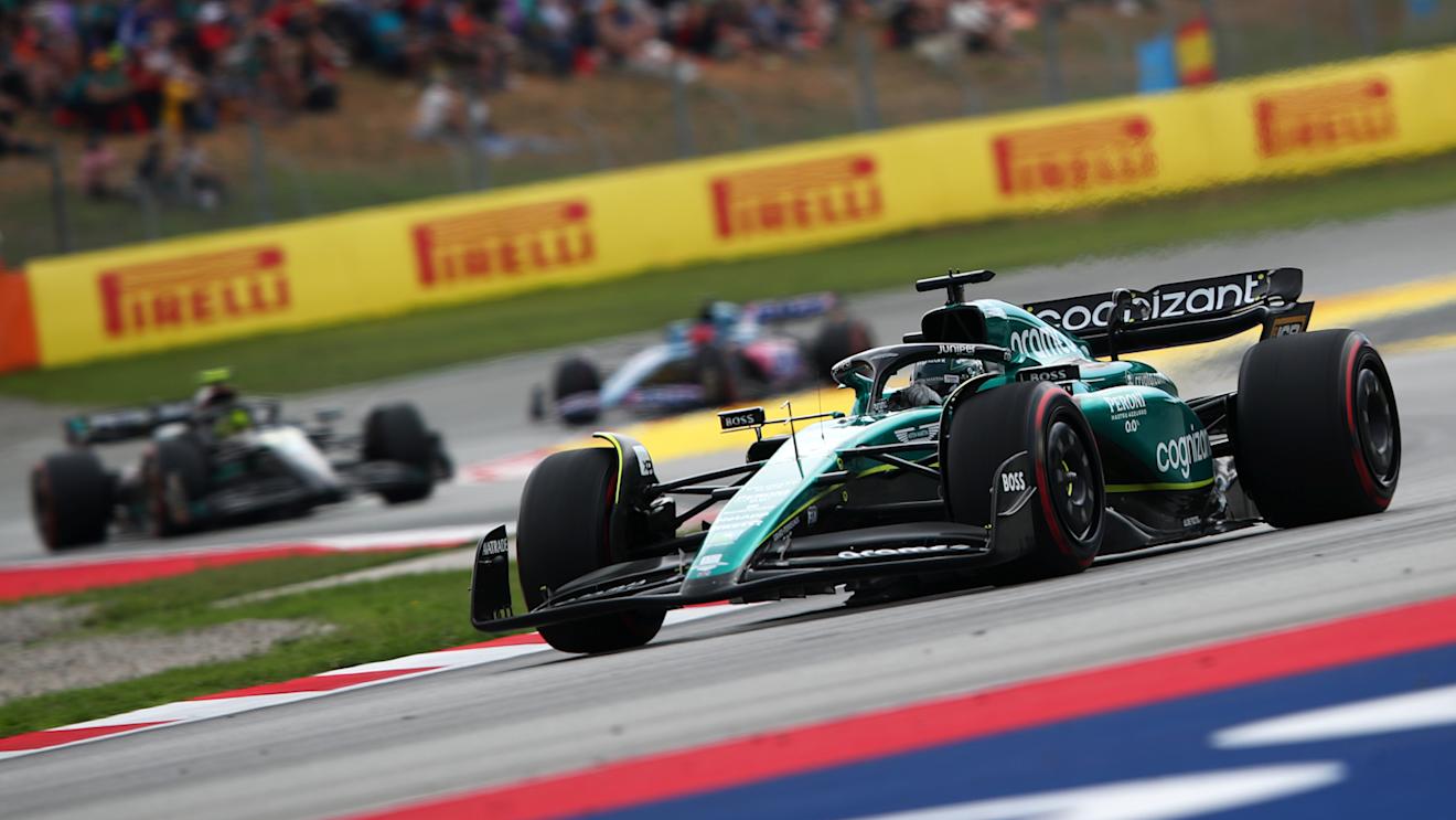 BARCELONA, SPAIN - JUNE 04: Lance Stroll of Canada driving the (18) Aston Martin AMR23 Mercedes on track during the F1 Grand Prix of Spain at Circuit de Barcelona-Catalunya on June 04, 2023 in Barcelona, Spain. (Photo by Joe Portlock - Formula 1/Formula 1 via Getty Images)