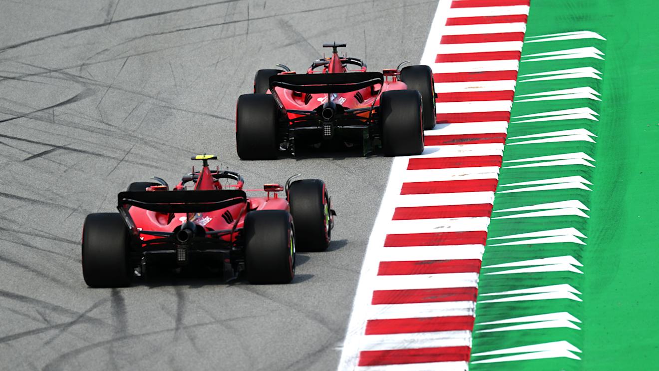 BARCELONA, SPAIN - JUNE 02: Charles Leclerc of Monaco driving the (16) Ferrari SF-23 leads Carlos Sainz of Spain driving (55) the Ferrari SF-23 on track during practice ahead of the F1 Grand Prix of Spain at Circuit de Barcelona-Catalunya on June 02, 2023 in Barcelona, Spain. (Photo by David Ramos/Getty Images)