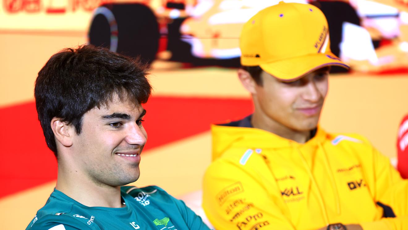 BARCELONA, SPAIN - JUNE 01: Lance Stroll of Canada and Aston Martin F1 Team and Lando Norris of Great Britain and McLaren attend the Drivers Press Conference during previews ahead of the F1 Grand Prix of Spain at Circuit de Barcelona-Catalunya on June 01, 2023 in Barcelona, Spain. (Photo by Dan Istitene/Getty Images)