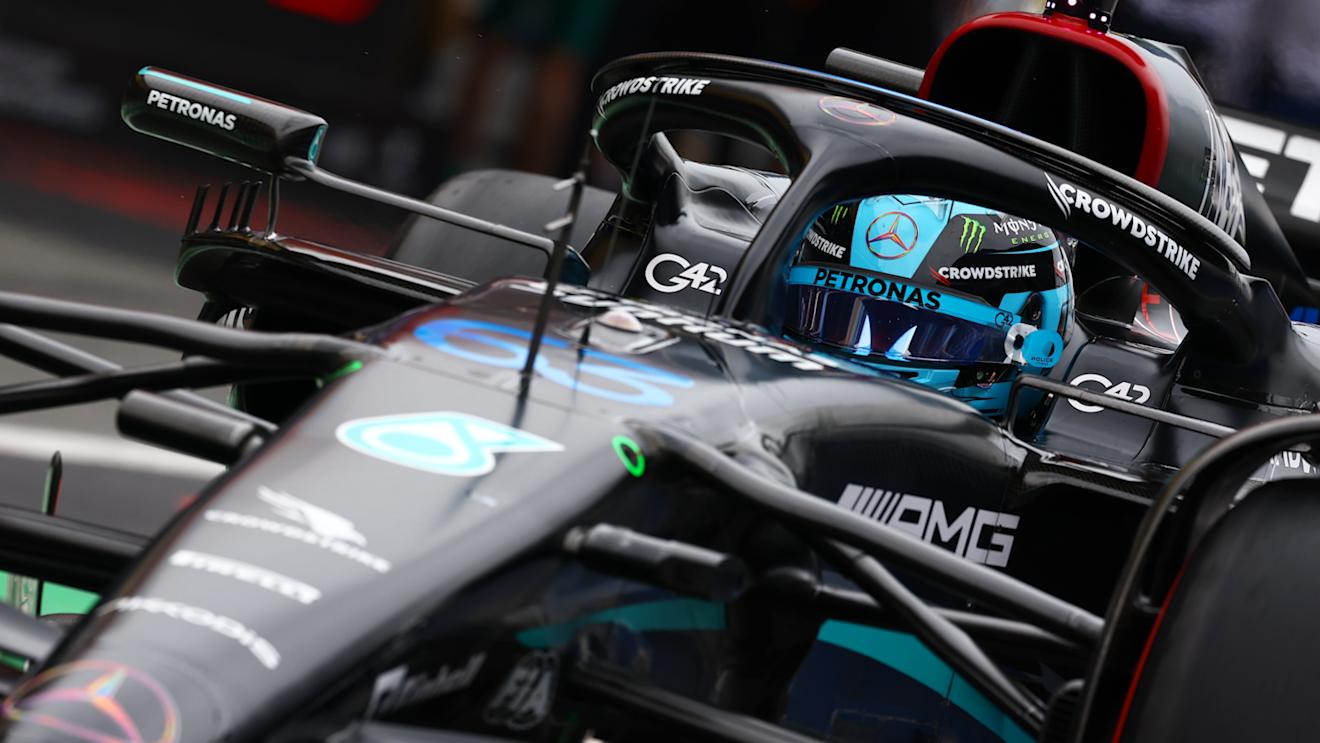 BARCELONA, SPAIN - JUNE 03: George Russell of Great Britain driving the (63) Mercedes AMG Petronas F1 Team W14 in the Pitlane during qualifying ahead of the F1 Grand Prix of Spain at Circuit de Barcelona-Catalunya on June 03, 2023 in Barcelona, Spain. (Photo by Mark Thompson/Getty Images)